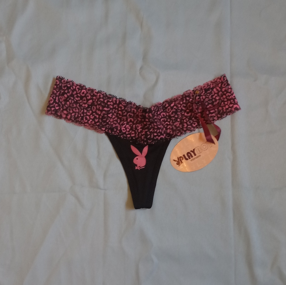 NWT Playboy Intimates black and pink lace thong